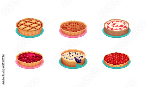 Sweet Homemade Pies with Filling and Crusts Made of Shortcrust Pastry Vector Set