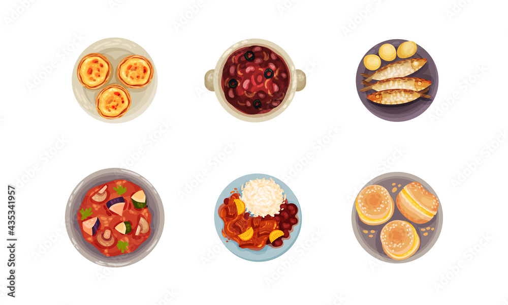 Portuguese Dishes and Main Courses with Boiled Beans and Buns with Cream View from Above Vector Set Portuguese Dishes and Main Courses with Boiled Beans and Buns with Cream View from Above Vector Set