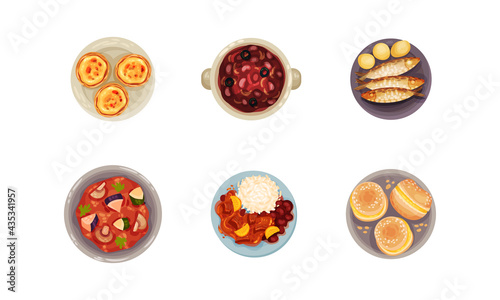 Portuguese Dishes and Main Courses with Boiled Beans and Buns with Cream View from Above Vector Set