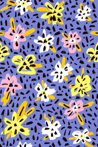 Wallpaper Mural Botanical Seamless pattern with abstract flowers. Pastel colors, naive style. Fashionable floral design. Children's design. Hand drawing. Background for textile, paper and other print and web project Torontodigital.ca