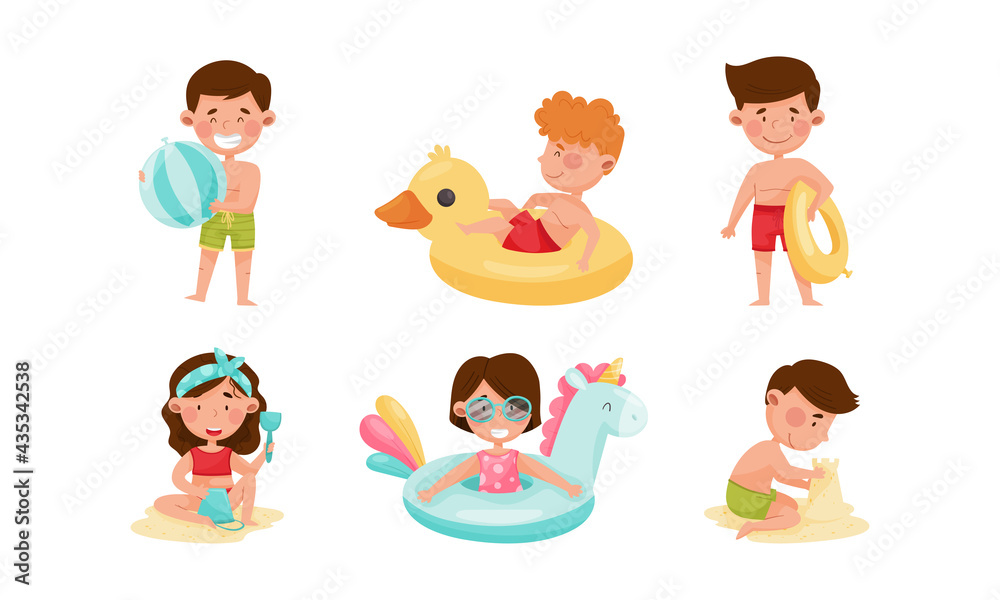 Children at Sea Shore Playing, Sunbathing and Swimming in Water Vector Illustration Set Children at Sea Shore Playing, Sunbathing and Swimming in Water Vector Illustration Set