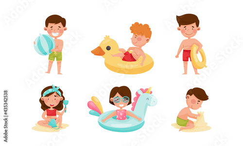Children at Sea Shore Playing, Sunbathing and Swimming in Water Vector Illustration Set