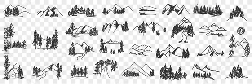 Mountains valley landscapes doodle set. Collection of hand drawn various sceneries and views of natural forest and mountains landscapes in rows isolated on transparent background 