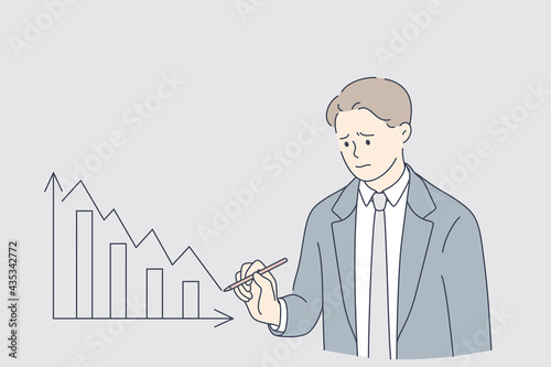 Economical downturn, Debts, bankruptcy concept. Young frustrated businessmen cartoon character writing regressing arrows on board working during great depression times vector illustration 