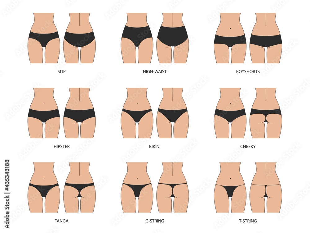 Vektorová grafika „Types of women's panties. Front and behind view. Set of  underwear - slip, high waist, string, thong, tanga, bikini, cheeky,  hipster, boyshorts. Vector illustration“ ze služby Stock