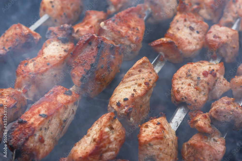 Shish Kebab skewer grill. Delicious background of roast pork, beef. The concept of summer outdoor recreation, picnic. Cooking meat on an open fire. Delicious crispy toasted barbecue. Atmospheric smoke Shish Kebab skewer grill. Delicious background of roast pork, beef. The concept of summer outdoor recreation, picnic. Cooking meat on an open fire. Delicious crispy toasted barbecue. Atmospheric smoke