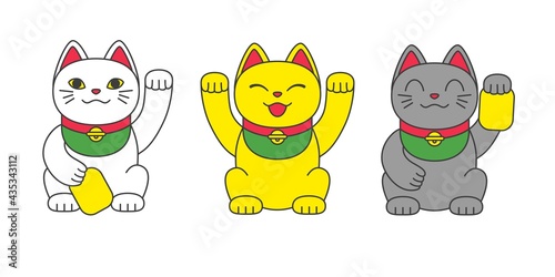 Maneki neko collection. A lucky Asian smiling cat. Vector illustration