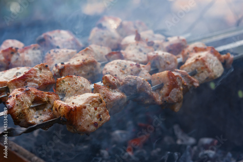 Shish Kebab skewer grill. Delicious background of roast pork, beef. The concept of summer outdoor recreation, picnic. Cooking meat on an open fire. Delicious crispy toasted barbecue. Atmospheric smoke