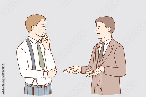 Business Communication and expertise concept. Young businessmen colleagues workers standing and talking discussing things chatting about problems communicating vector illustration 