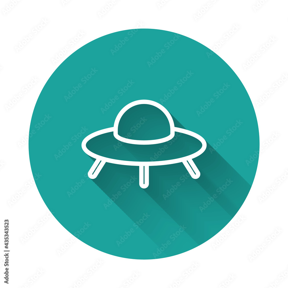 White line UFO flying spaceship icon isolated with long shadow background. Flying saucer. Alien space ship. Futuristic unknown flying object. Green circle button. Vector White line UFO flying spaceship icon isolated with long shadow background. Flying saucer. Alien space ship. Futuristic unknown flying object. Green circle button. Vector