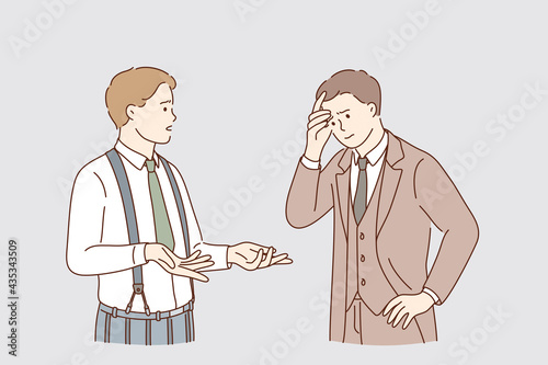 Business analyze and Communication concept. Young businessmen colleagues workers standing and talking discussing things chatting about problems communicating vector illustration 