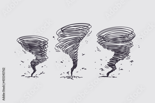Tornado hurricane on nature concept. Silhouettes of natural disasters tornado with center going closer ruining everything on way vector illustration