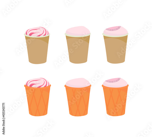 Ice cream in a cup. A paper container. Waffle cup. Outline vector illustration on a white background.