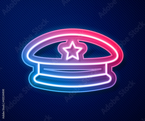 Glowing neon line Military beret icon isolated on blue background. Soldiers cap. Army hat. War baret. Vector