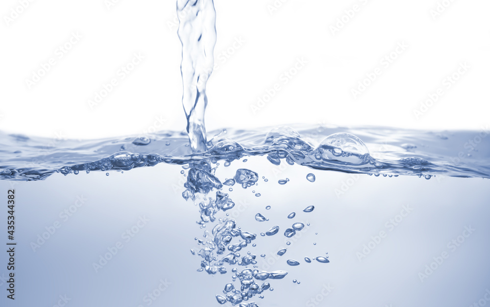 Water splash Aqua flowing in waves and creating bubbles Drops on the water surface feel fresh and clean isolated on white background. Water splash Aqua flowing in waves and creating bubbles Drops on the water surface feel fresh and clean isolated on white background.