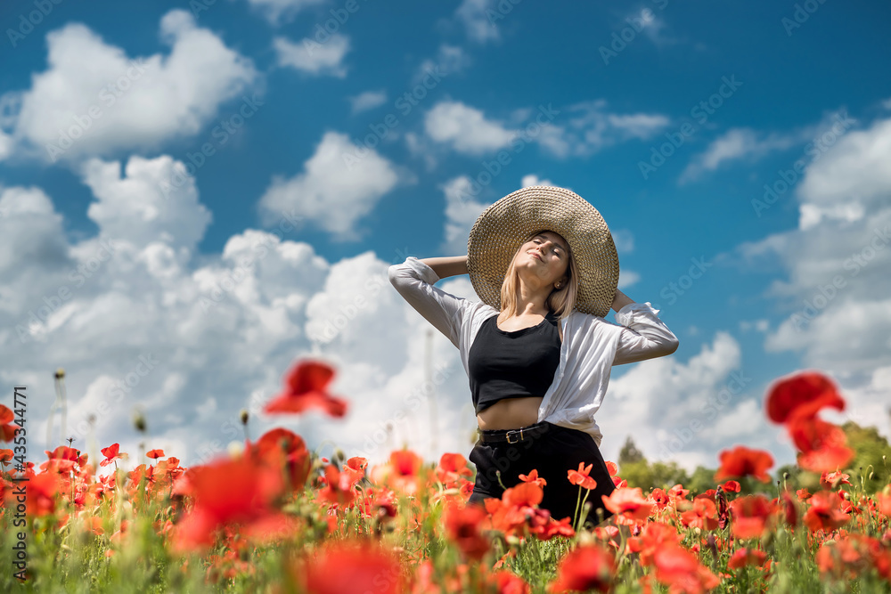 Ukrainian lady walking along a poppy field, the concept of sensuality, lifestyle Ukrainian lady walking along a poppy field, the concept of sensuality, lifestyle