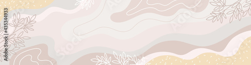 Simple horizontal banner with leaves, abstract lines and shapes in pastel colors. Floral trendy vector template for social media,beauty card, poster, cover, invitation, flyer