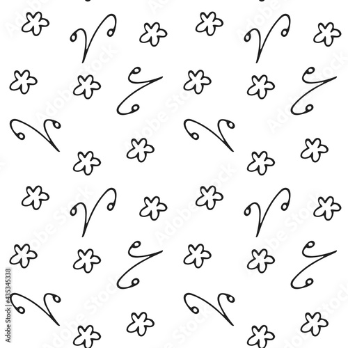 Seamless pattern with simple hand-drawn floral elements. Scandinavian style. Vector illustration in black and white