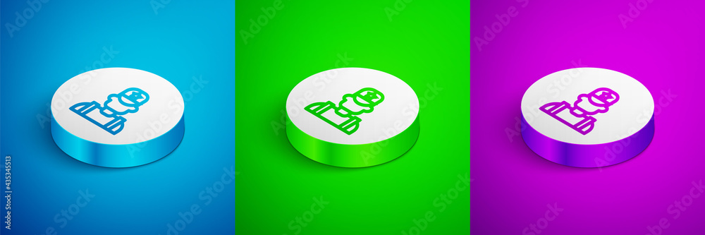 Isometric line Sheriff cowboy hat with star badge icon isolated on blue, green and purple background. Police officer. White circle button. Vector Isometric line Sheriff cowboy hat with star badge icon isolated on blue, green and purple background. Police officer. White circle button. Vector