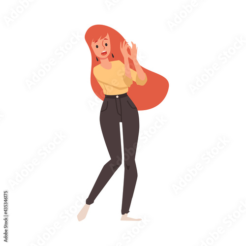 Afraid young woman with expression panic fear on face a vector illustration.