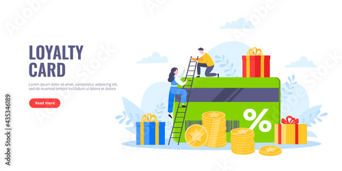 Get loyalty card and customer service business concept flat design vector illustration. Earn loyalty program points and get online reward and gifts. Tiny people with big card and gift box.