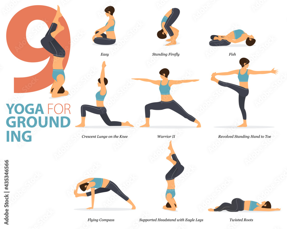 9 Yoga poses or asana posture for workout in Yoga for grounding concept ...