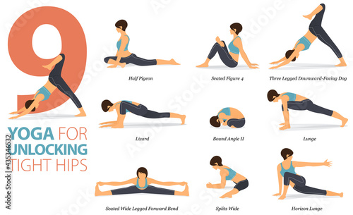 9 Yoga poses or asana posture for workout in Yoga for Unlocking Tight Hips concept. Women exercising for body stretching. Fitness infographic. Flat cartoon vector