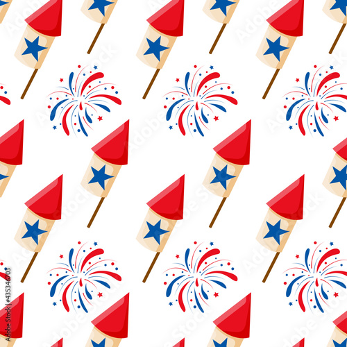 USA firework, rocket and stars seamless pattern background for national american holidays design. 4th of july celebration pattern