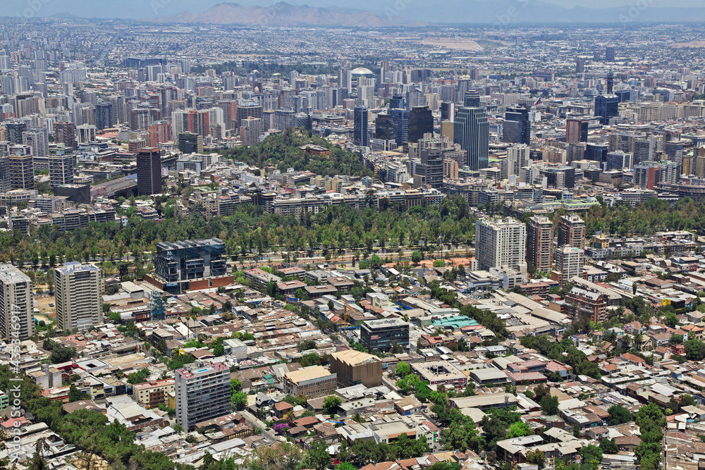 Panoramic view of Santiago from San Cristobal Hill, Chile