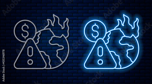 Glowing neon line Global economic crisis icon isolated on brick wall background. World finance crisis. Vector
