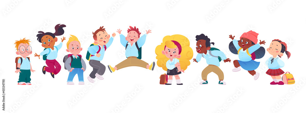 Portrait of happy school kids group standing together on white background. Boys and girls characters with backpacks jumping, laughing and having fun. Vector flat cartoon illustration. For banners, ads