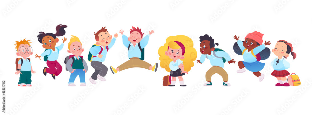 Portrait of happy school kids group standing together on white background. Boys and girls characters with backpacks jumping, laughing and having fun. Vector flat cartoon illustration. For banners, ads Portrait of happy school kids group standing together on white background. Boys and girls characters with backpacks jumping, laughing and having fun. Vector flat cartoon illustration. For banners, ads