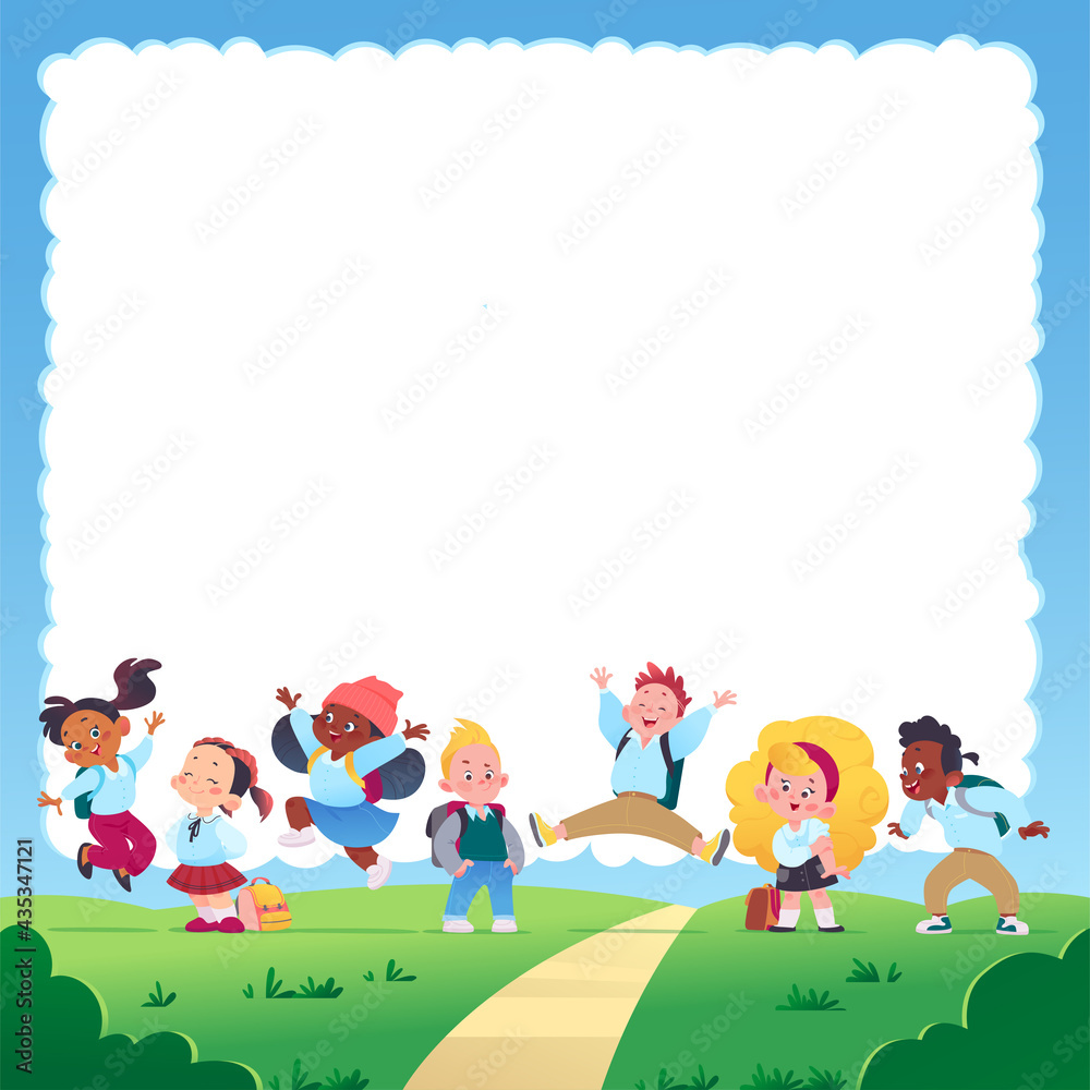 Banner with text place and multiracial happy school kids group with backpacks smiling, jumping and having fun on green lawn in sunny day. Vector flat cartoon illustration. For advertising, packaging. Banner with text place and multiracial happy school kids group with backpacks smiling, jumping and having fun on green lawn in sunny day. Vector flat cartoon illustration. For advertising, packaging.