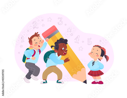 Back to school concept design with happy school kids writing together with big pencil isolated on white background. Vector flat cartoon illustration. For banners, ads, package, web.