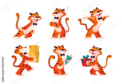 Vector collection of happy tiger character smile and greeting, deliver packages, drink coffee, carry gift box isolated. Cartoon flat illustration. For company mascot, advertising, banners and web.