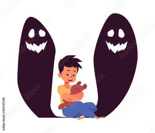 Little boy afraid of monsters flat vector illustration isolated on white.