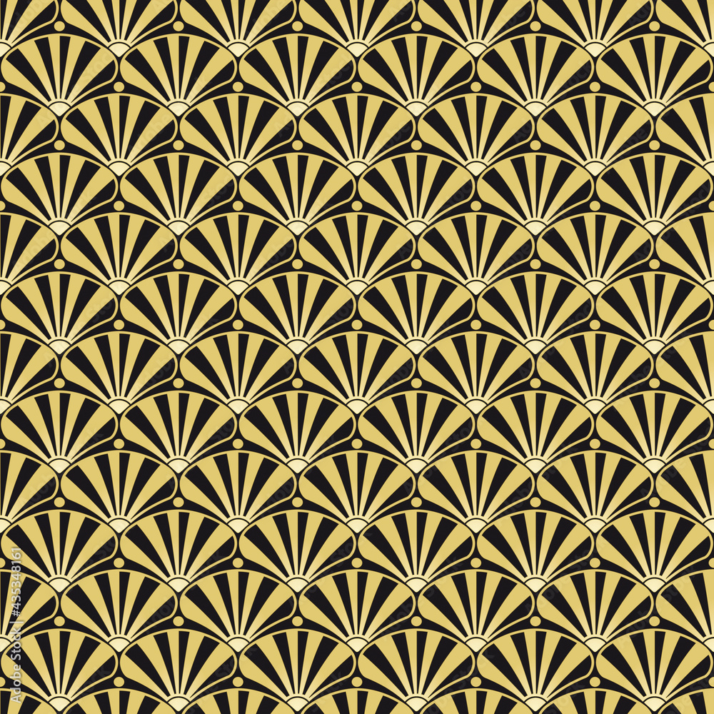 Art-Deco golden pattern with shells. Seamless pattern made in Art-Deco style.