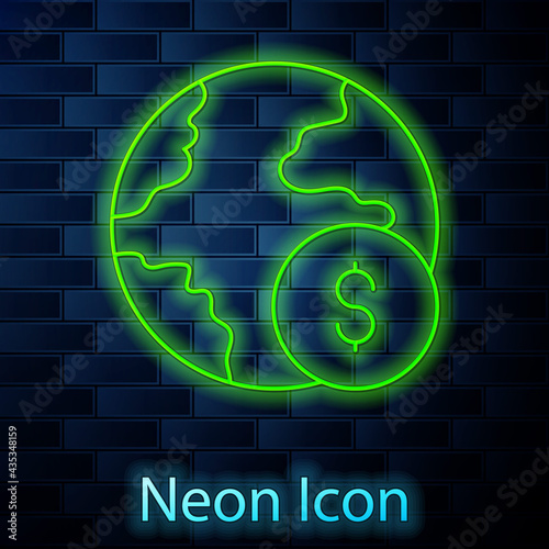 Glowing neon line Global economic crisis icon isolated on brick wall background. World finance crisis. Vector