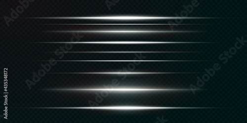 Light horizontal lens flares pack. Laser beams, horizontal light rays. Beautiful light flares. Glowing streaks on light background. Luminous abstract sparkling lined background.