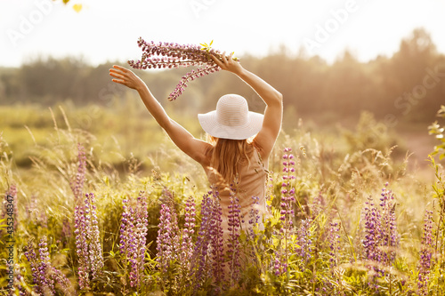 A young girl in a light dress and a hat with a bouquet in her hands on a lupine field, looking at the sunset. Rear view, space for text