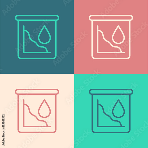 Pop art line Drop in crude oil price icon isolated on color background. Oil industry crisis concept. Vector