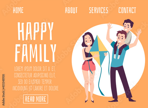 Website template with happy family characters flat vector illustration.