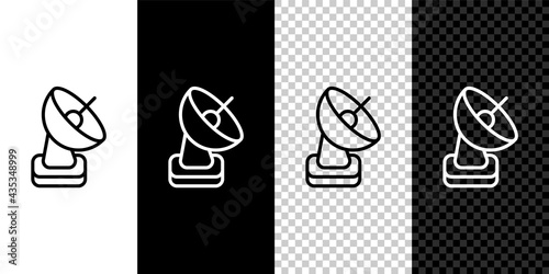 Set line Radar icon isolated on black and white, transparent background. Search system. Satellite sign. Vector