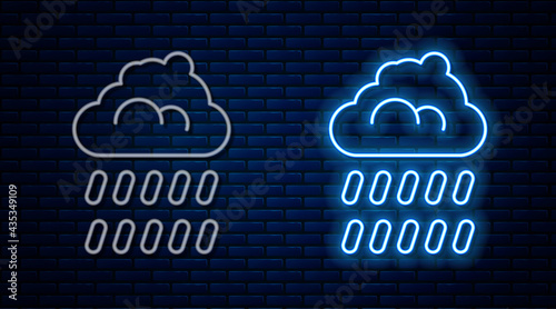 Glowing neon line Cloud with rain icon isolated on brick wall background. Rain cloud precipitation with rain drops. Vector