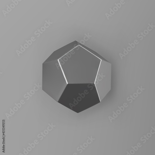 3d render chrome geometric shape dodecahedron with shadows isolated on grey background. Metal glossy realistic primitive. Abstract decorative vector figure for trendy design photo