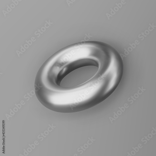 3d render chrome geometric shape torus with shadows isolated on grey background. Metal glossy realistic primitive. Abstract decorative vector figure for trendy design
