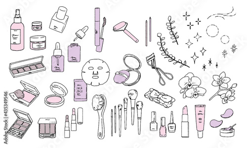 Makeup tools motifs vector line illustrations. 化粧・メイク道具ベクターイラスト一式セット