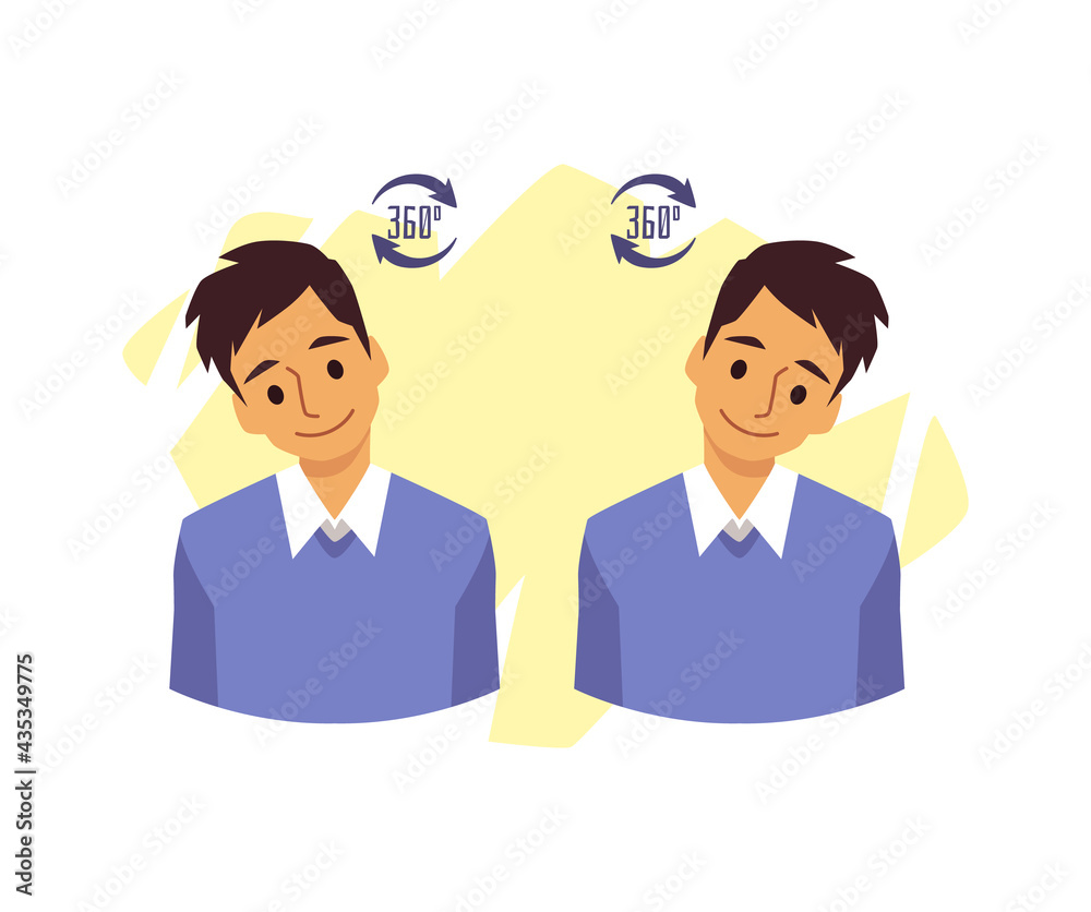 Man doing neck exercise rotating his head flat vector illustration isolated. Man doing neck exercise rotating his head flat vector illustration isolated.