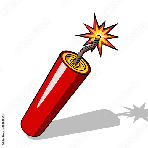 Red dynamite stick icon with burning fuse and shadow isolated on white background. Vector illustration