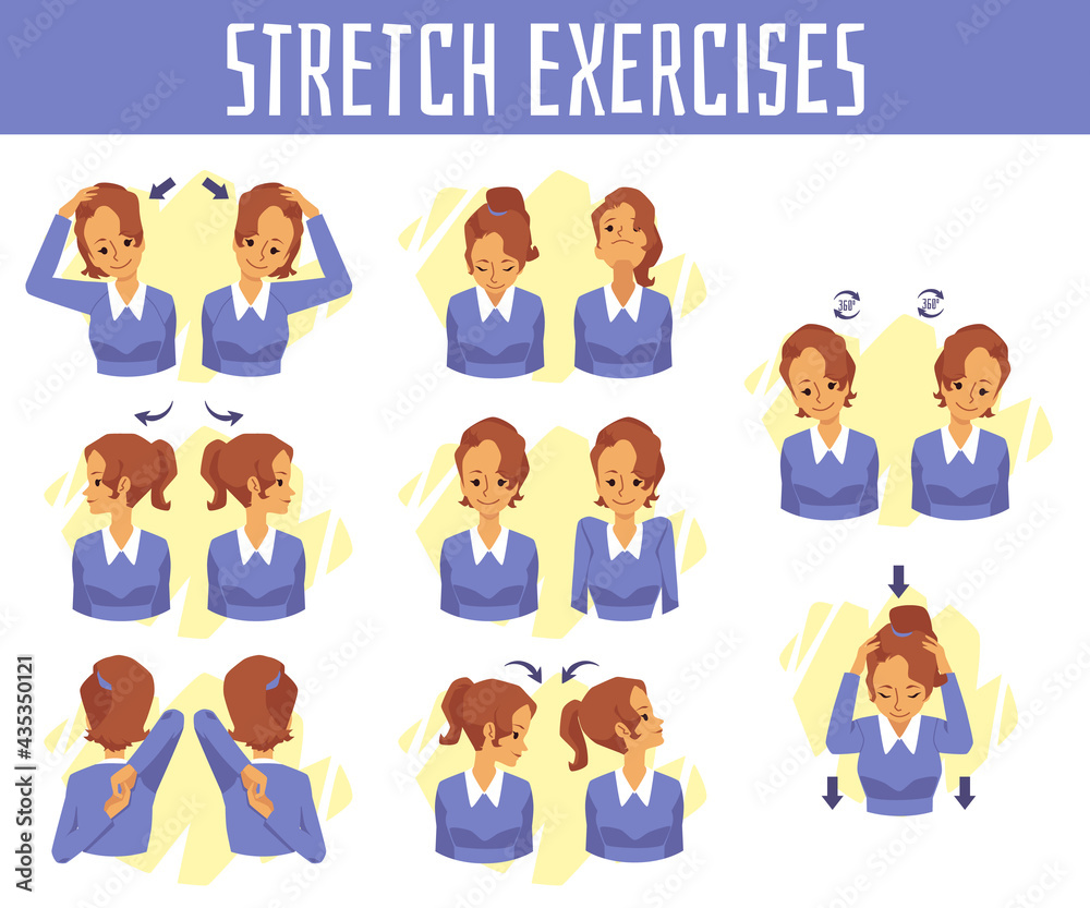 Vector banner with exercises for health and stretch of neck at office syndrome Vector banner with exercises for health and stretch of neck at office syndrome
